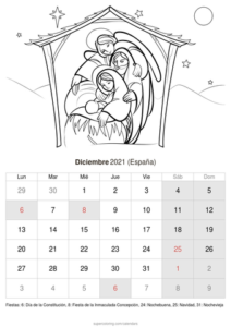 Calendario para imprimir y colorear - Diciembre 2021 | Bebeazul.top