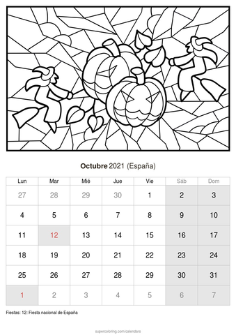 Calendario para imprimir y colorear - Octubre 2021 | Bebeazul.top