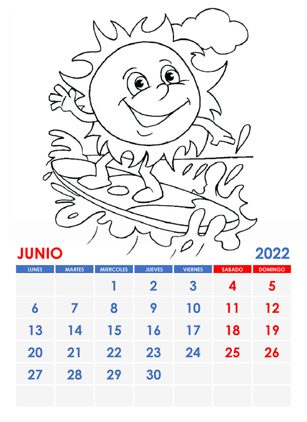 Calendarios para imprimir y colorear – Junio 2022 